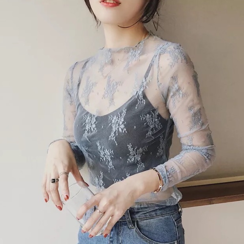 Lace blouse top shirt mesh transparent sexy women’s long sleeve - Picture 7 of 10